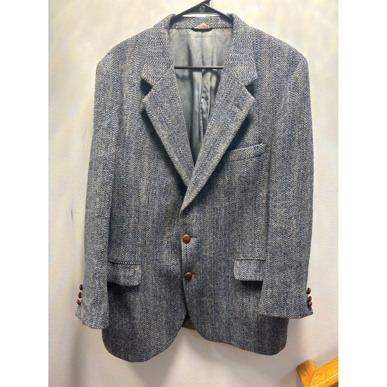 Harris Tweed Herringbone Blazer Mens 42 Blue Grey Vintage Wool Sport Coat Good